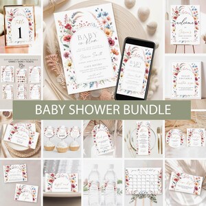 Wildflower Baby shower Invitation Bundle, Spring floral Baby Shower games Download, baby in bloom shower invite, Welcome Sign Editable