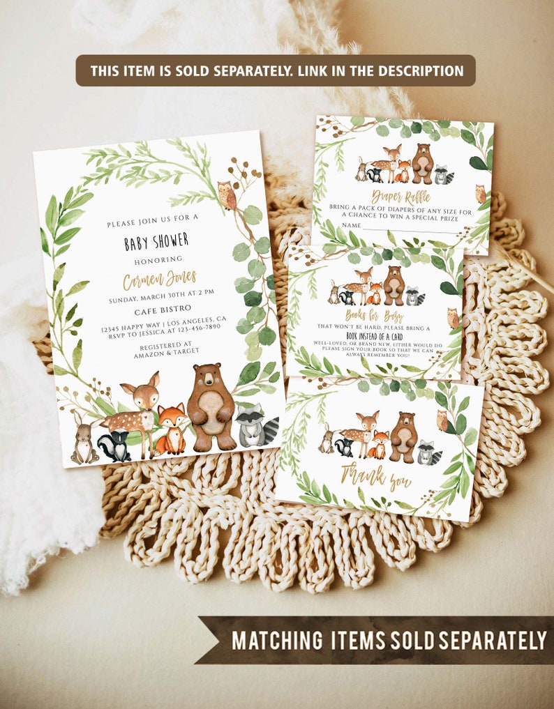 May include: A woodland-themed baby shower invitation with a green and brown color scheme. The invitation features a watercolor illustration of woodland animals, including a deer, fox, bear, raccoon, and rabbit. The text on the invitation reads "Please join us for a baby shower honoring Carmen Jones".