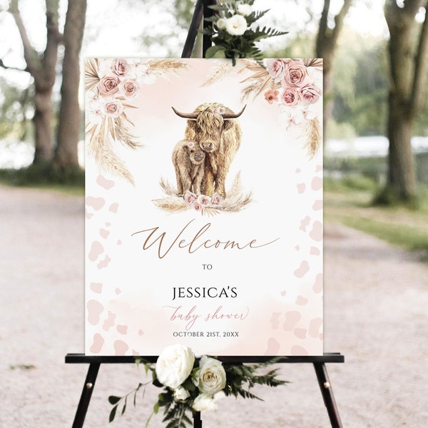 Boho Cow baby shower Welcome Sign, Highland Cow Welcome Poster, pampas grass highland cow welcome sign download, holy cow welcome sign