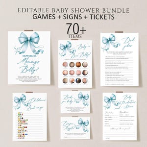 Blue Bow Baby Shower games Bundle, Editable Blue Bow baby shower Games Instant Download, Blue Coquette Bow Baby Boy Shower games Printable