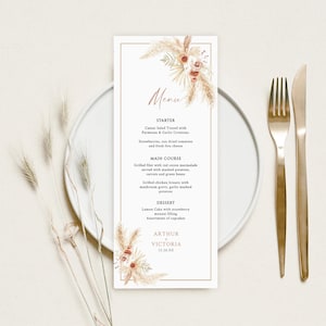 Modèle de menu de mariage d'herbe de pampa, menu de mariage en terre cuite, mariage orange brûlé, modèle de menu de mariage Boho, carte de menu de mariage minimaliste