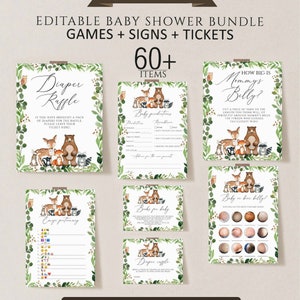 May include: Printable baby shower games and signs with a woodland theme. The games include "Diaper Raffle", "Baby Predictions", "How Big is Mommy's Belly?", "Books for Baby", "Baby on her belly?" and "Emoji Pictionary".