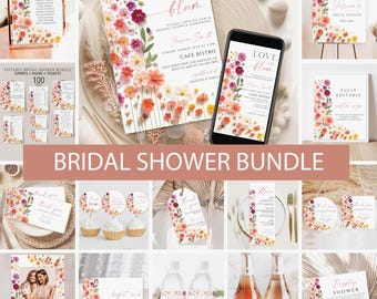 May include: A bridal shower bundle with a floral theme. The bundle includes invitations, signs, games, and decorations. The floral design features pink, orange, and yellow flowers. The text on the invitations reads "Love in Bloom" and "Bridal Shower Honoring".