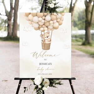 Bear Balloon Welcome Sign, Gender Neutral Hot-Air Balloon Baby Shower Sign, Editable Welcome Sign, Welcome Poster, Printable welcome sign