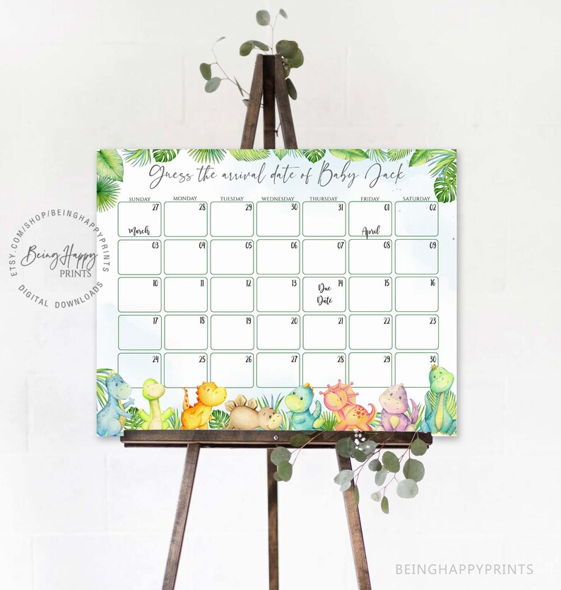 May include: A printable baby shower game calendar with a jungle theme. The calendar is decorated with green leaves and dinosaurs. The text on the calendar reads "Guess the arrival date of Baby Jack".