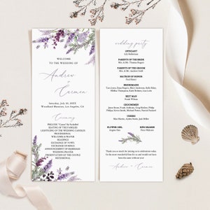 Minimalistische bruiloftsprogramma sjabloon, modern bruiloftsprogramma, lavendel bruiloftsprogramma, afdrukbare bruiloftsprogramma download, bloemenprogramma