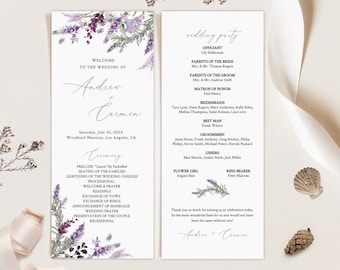 Lavender Floral Wedding Program Template, Modern Minimalist (Digital Download)