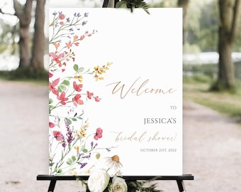 Bridal Shower Welcome Sign Template, Wild flower floral, Printable Pink Floral Bridal Shower Sign, Wildflower bridal shower welcome sign