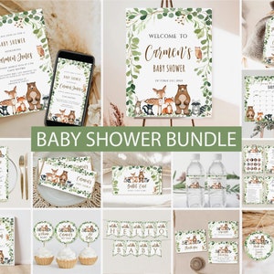 Woodland Baby Shower invitation Bundle, Editable Woodland Animals invite Set, Woodland Animal Baby Shower Games download, Gender Neutral set