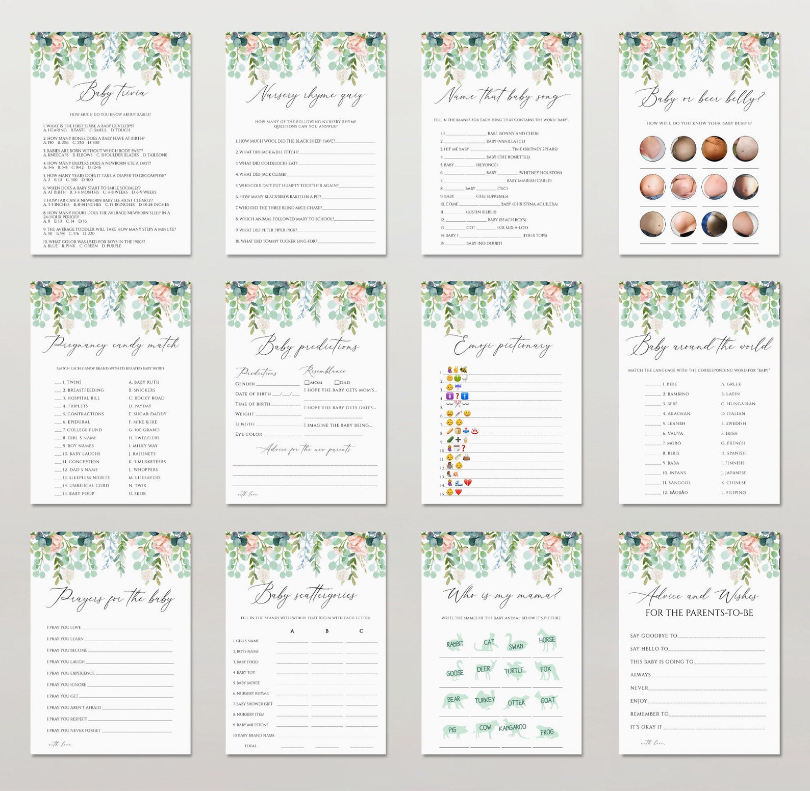 Editable Baby Shower Games Printable, Baby Shower Games Bundle, Baby