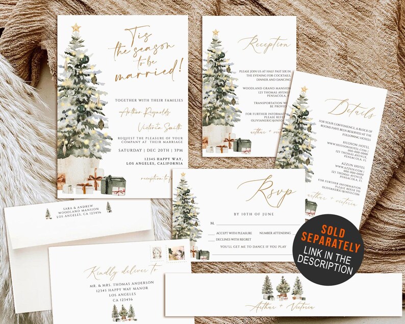 May include: A set of wedding stationery with a Christmas tree theme. The invitation reads "Tis the season to be married!" in gold script. Includes RSVP, reception, and details cards, plus envelopes. Watercolor style with gold accents.