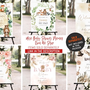 May include: Set of 6 printable baby shower welcome signs featuring various themes, including woodland animals, floral, hot air balloon, and a teddy bear. Each sign has a watercolor background and gold accents. The text on the signs reads "Welcome to Jessica's Baby Shower".