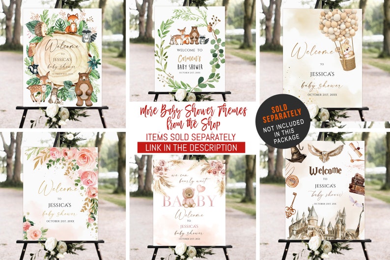May include: Set of 6 printable baby shower welcome signs featuring various themes, including woodland animals, floral, hot air balloon, and a teddy bear. Each sign has a watercolor background and gold accents. The text on the signs reads "Welcome to Jessica's Baby Shower".