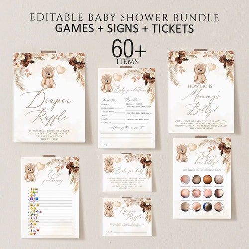Teddy Bear Baby Shower Games Bundle, 60+ Items (Digital Download)