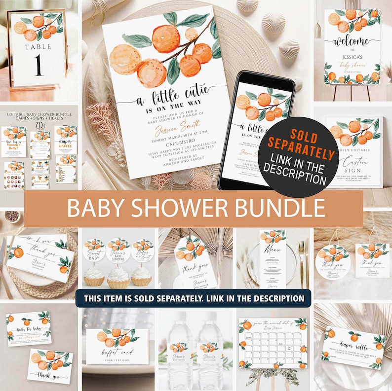 May include: A baby shower bundle featuring orange and green watercolor designs. Includes invitations, welcome signs, table cards, thank you cards, cupcake toppers, and more. The text includes "A little cutie is on the way" and "Baby Shower Bundle".