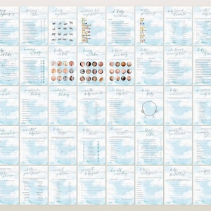 Pu&ograve; includere: Un set di 24 carte da gioco per baby shower blu e bianche con disegni di nuvole e acquerello. Le carte presentano domande sul bambino, come "Qual sar&agrave; la prima parola del bambino?" e "Qual sar&agrave; il primo pasto del bambino?"