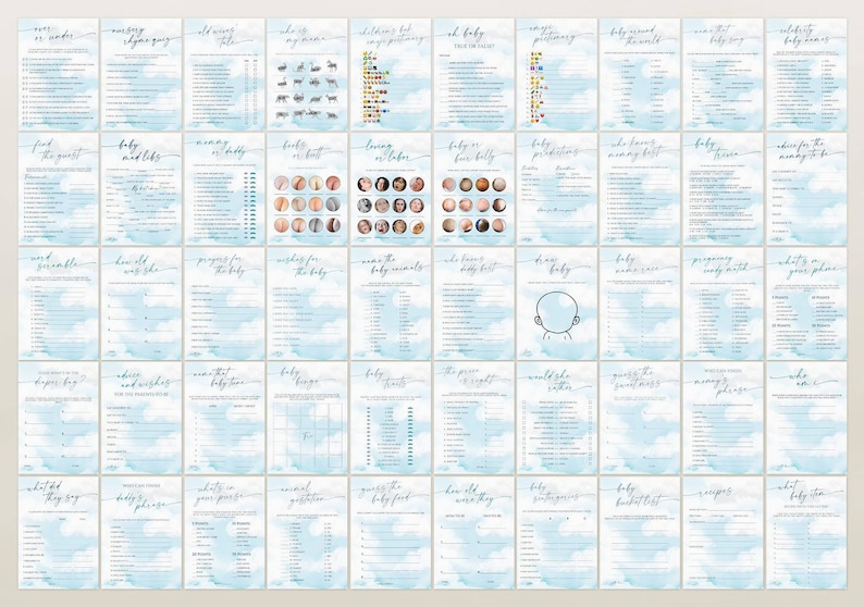 Pu&ograve; includere: Un set di 24 carte da gioco per baby shower blu e bianche con disegni di nuvole e acquerello. Le carte presentano domande sul bambino, come "Qual sar&agrave; la prima parola del bambino?" e "Qual sar&agrave; il primo pasto del bambino?"