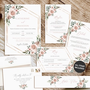 Dusty rose Wedding Invitation set, Printable Wedding Invitation template, Boho wedding invitation suite, Greenery wedding invitation suite