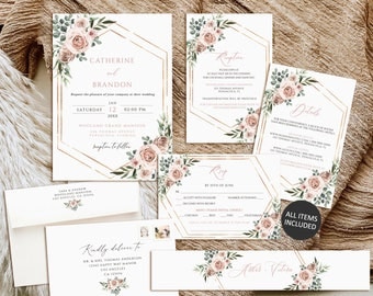 Dusty rose Wedding Invitation set, Printable Wedding Invitation template, Boho wedding invitation suite, Greenery wedding invitation suite