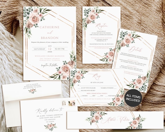 Dusty rose Wedding Invitation set, Printable Wedding Invitation template, Boho wedding invitation suite, Greenery wedding invitation suite