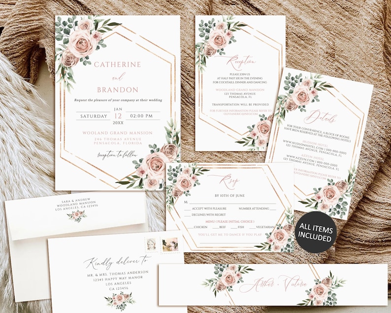 Dusty rose Wedding Invitation set Printable Wedding Invitation template Boho wedding invitation suite Greenery wedding