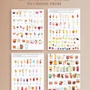 Puede incluir: Un conjunto de m&aacute;s de 200 ilustraciones de acuarela de c&oacute;cteles y bebidas. Las im&aacute;genes est&aacute;n dispuestas en una cuadr&iacute;cula sobre un fondo blanco. El texto "200+ COCKTAILS + DRINKS TO CHOOSE FROM" est&aacute; en la parte superior de la imagen.