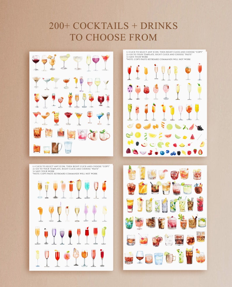 Puede incluir: Un conjunto de m&aacute;s de 200 ilustraciones de acuarela de c&oacute;cteles y bebidas. Las im&aacute;genes est&aacute;n dispuestas en una cuadr&iacute;cula sobre un fondo blanco. El texto "200+ COCKTAILS + DRINKS TO CHOOSE FROM" est&aacute; en la parte superior de la imagen.