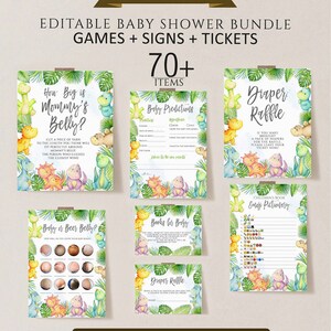 May include: Editable baby shower game and sign printable bundle featuring a dinosaur theme. The bundle includes games like "How Big is Mommy's Belly?", "Baby or Beer Belly?", "Baby Predictions", "Books for Baby", "Diaper Raffle", and "Emoji Pictionary".
