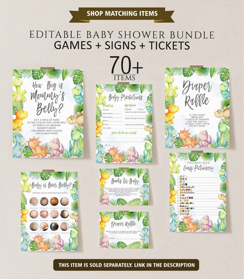 May include: Editable baby shower game and sign printable bundle featuring a dinosaur theme. The bundle includes games like "How Big is Mommy's Belly?", "Baby or Beer Belly?", "Baby Predictions", "Books for Baby", "Diaper Raffle", and "Emoji Pictionary".
