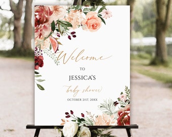 Fall Baby Shower Welcome Sign, Autumn Floral Pumpkin Welcome Sign, Little Pumpkin Baby Shower Welcome Sign, editable template download f2