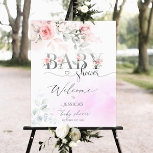 Floral Baby-Dusche-Willkommens-Schild, Mädchen-Baby-Dusche-Willkommens-Schild, Baby-Dusche-Willkommens-Poster, Grünblumen-Babyparty-Zeichen, Blumenzeichen