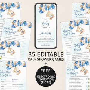 Teddy Bear Baby Shower Games,Boy Baby Shower Game Bundle,Blue Gold Balloon Shower Game,Printable Baby Shower Games,Virtual Baby Shower,oq224