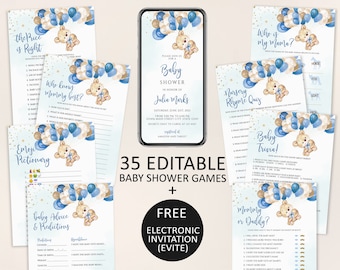 Teddy Bear Baby Shower Games Bundle, Blue and Gold (Printable)