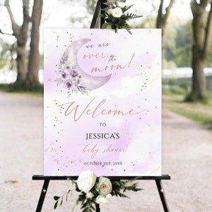 Over the moon Baby Shower Welcome Sign, Welcome sign, baby shower sign, Purple Twinkle Little Star baby shower sign, Printable, moon shower