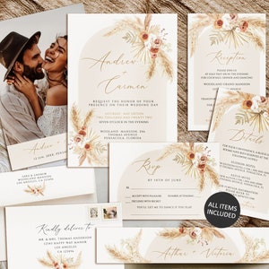Pampas grass wedding invitation set, Modern boho wedding invitation, Wedding invitation template, photo wedding invitation, Wedding Invite