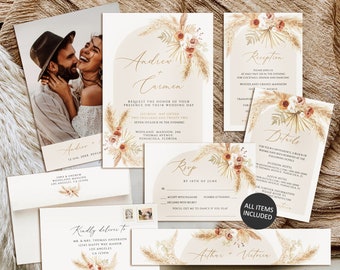 Pampas grass wedding invitation set, Modern boho wedding invitation, Wedding invitation template, photo wedding invitation, Wedding Invite