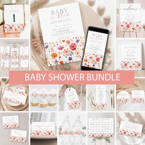 Wildflower Baby Shower Invitation Bundle, Floral baby shower games, Editable Baby in bloom shower Invite, Boho Spring flowers, welcome sign