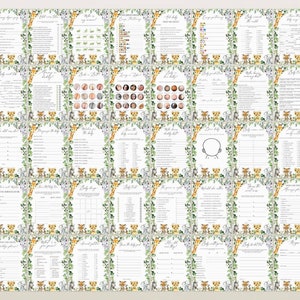 Op de afbeelding: Een set van 25 afdrukbare babyborrelspelkaarten met een jungledieren thema. De kaarten zijn versierd met een groene, bladerige rand en bevatten verschillende spellen zoals "Raad het babyvoedsel" en "Wie kent de baby het beste".