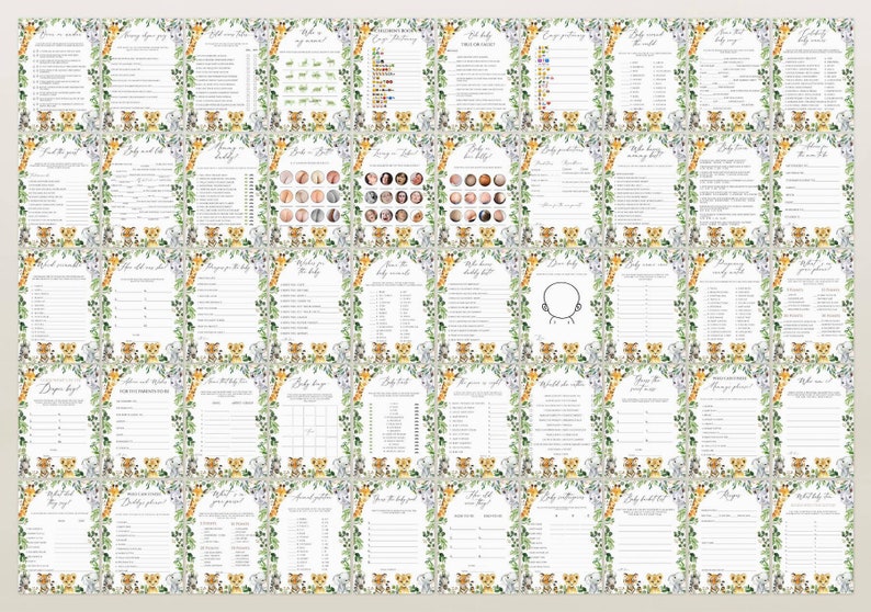 Op de afbeelding: Een set van 25 afdrukbare babyborrelspelkaarten met een jungledieren thema. De kaarten zijn versierd met een groene, bladerige rand en bevatten verschillende spellen zoals "Raad het babyvoedsel" en "Wie kent de baby het beste".