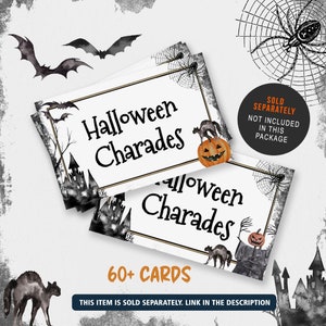May include: Halloween Charades cards with a spooky theme. The cards feature illustrations of bats, spiders, and haunted houses. The text "Halloween Charades" is displayed prominently on the cards, with "60+ CARDS" below. The item is sold separately.