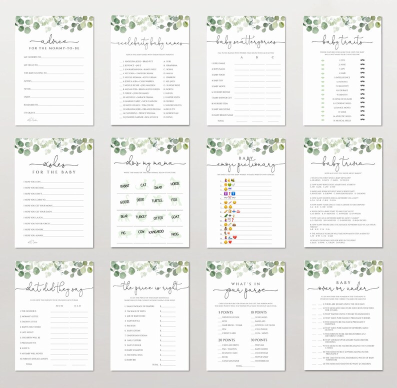 Greenery Baby Shower Games Bundle Editable Baby Shower Games Etsy