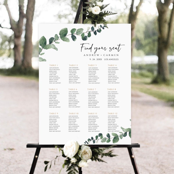 Greenery Wedding Seating Chart Template, Eucalyptus Wedding Seating Printable, Wedding Seating Chart Sign, Wedding seating chart download