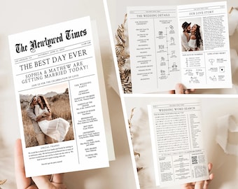 Plantilla de programa de bodas de periódico, infografía de bodas editable, programa de bodas único, cronología de bodas imprimible, búsqueda de palabras de bodas