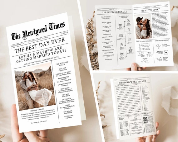 Newspaper Wedding Program Template, Editable Infographic, unique Timeline, Word search, printable (Digital Download)