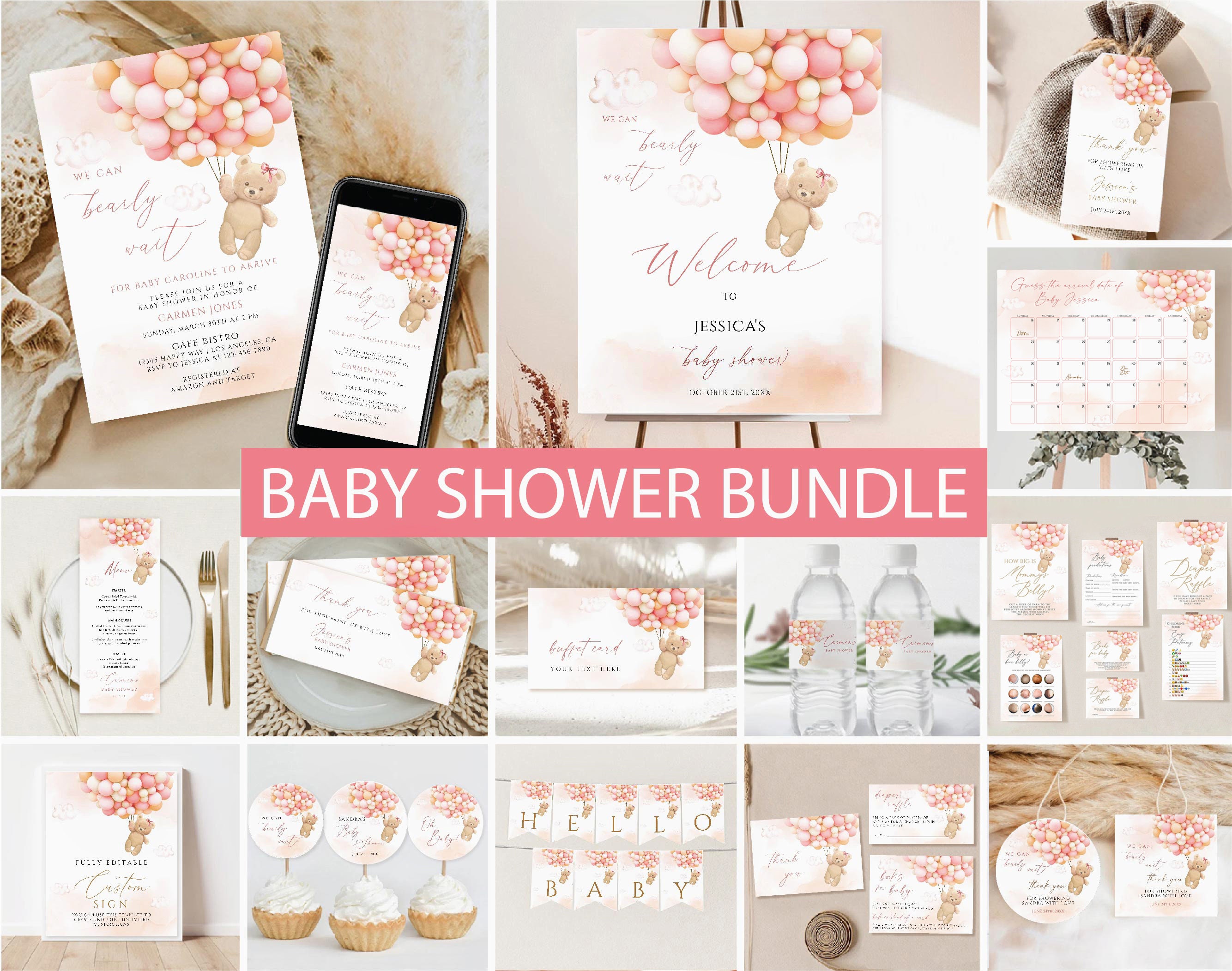 Pink Teddy Bear Baby Shower Invitation Bundle (editable) - Etsy
