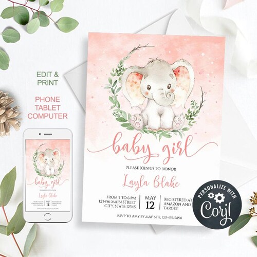 Elephant Baby Shower Invitations Baby Girl Shower Etsy