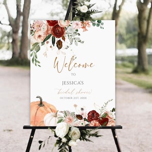 Fall in love Bridal Shower Welcome Sign, Autumn wedding welcome sign, Fall bridal sign, Pumpkin floral editable welcome sign download, f3