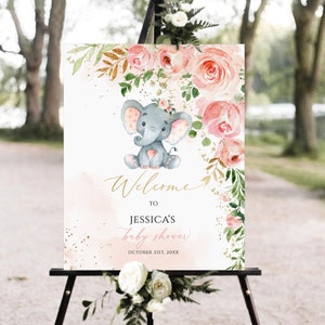 Editable Elephant Baby Shower Welcome Sign Balloon, Baby Shower Welcome Sign, Pink Floral, Peanut elephant welcome sign, Girl baby shower