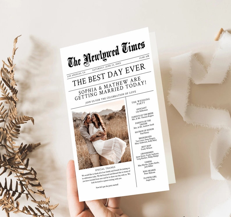 Newspaper Wedding Program Template, Editable Wedding Infographic, Unique Wedding Program, Printable Wedding Timeline, Wedding Word Search image 2