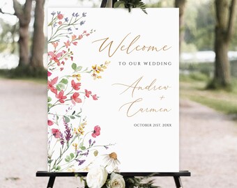 Pode incluir: Um cartaz de boas-vindas de casamento branco com um design floral em tons de rosa, amarelo e verde. O texto diz "Bem-vindos ao nosso casamento Andrew + Carmen 21 de outubro de 20XX".